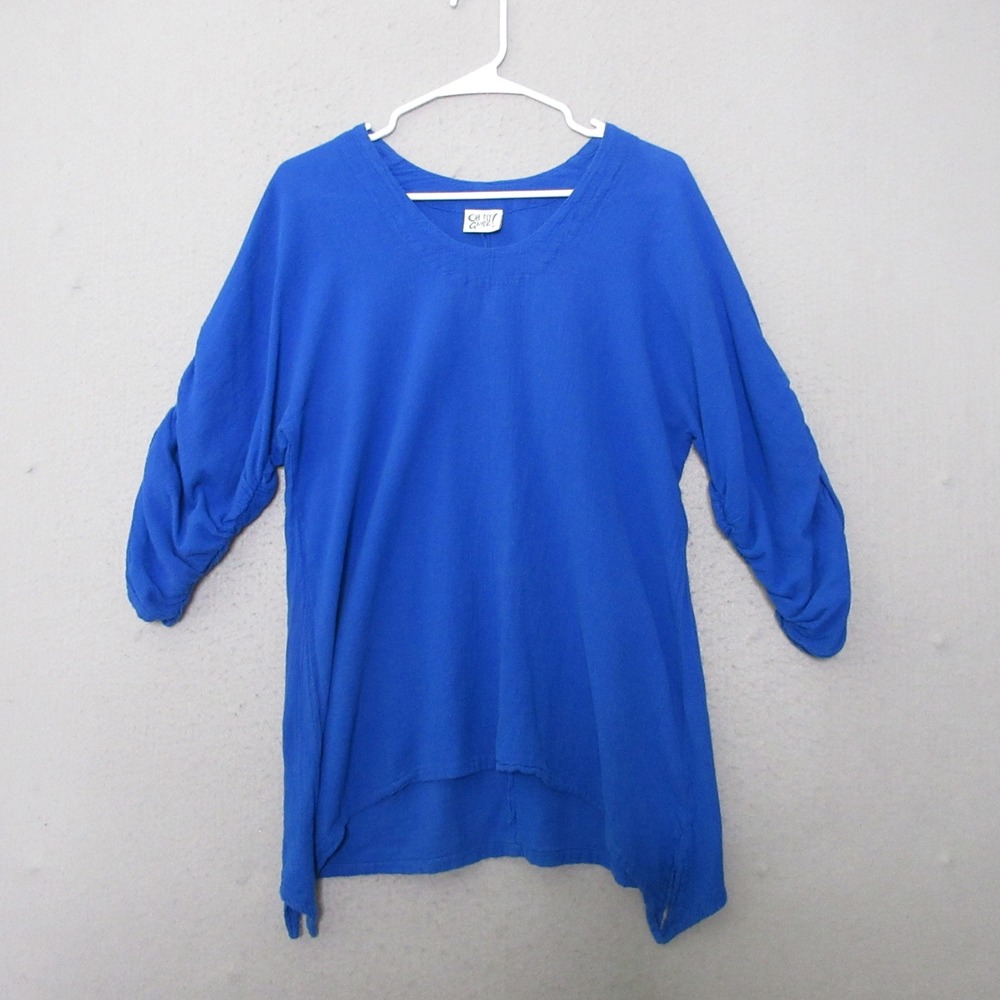 Oh My Gauze Tunic Top Small Blue Cotton Ruched 3/4 Sleeve Lagenlook Boho Coastal